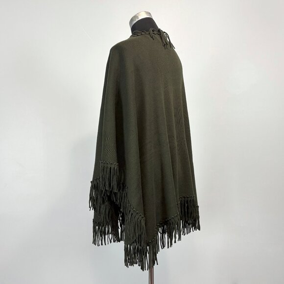 Dark Olive Green Shawl with Tassel Fringe Trim, Long Oversized Wrap, One Size - Picture 6 of 9